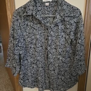 Coldwater Creek Womens Navy Blue & White Paisley Button Down Blouse Top NWOT!
